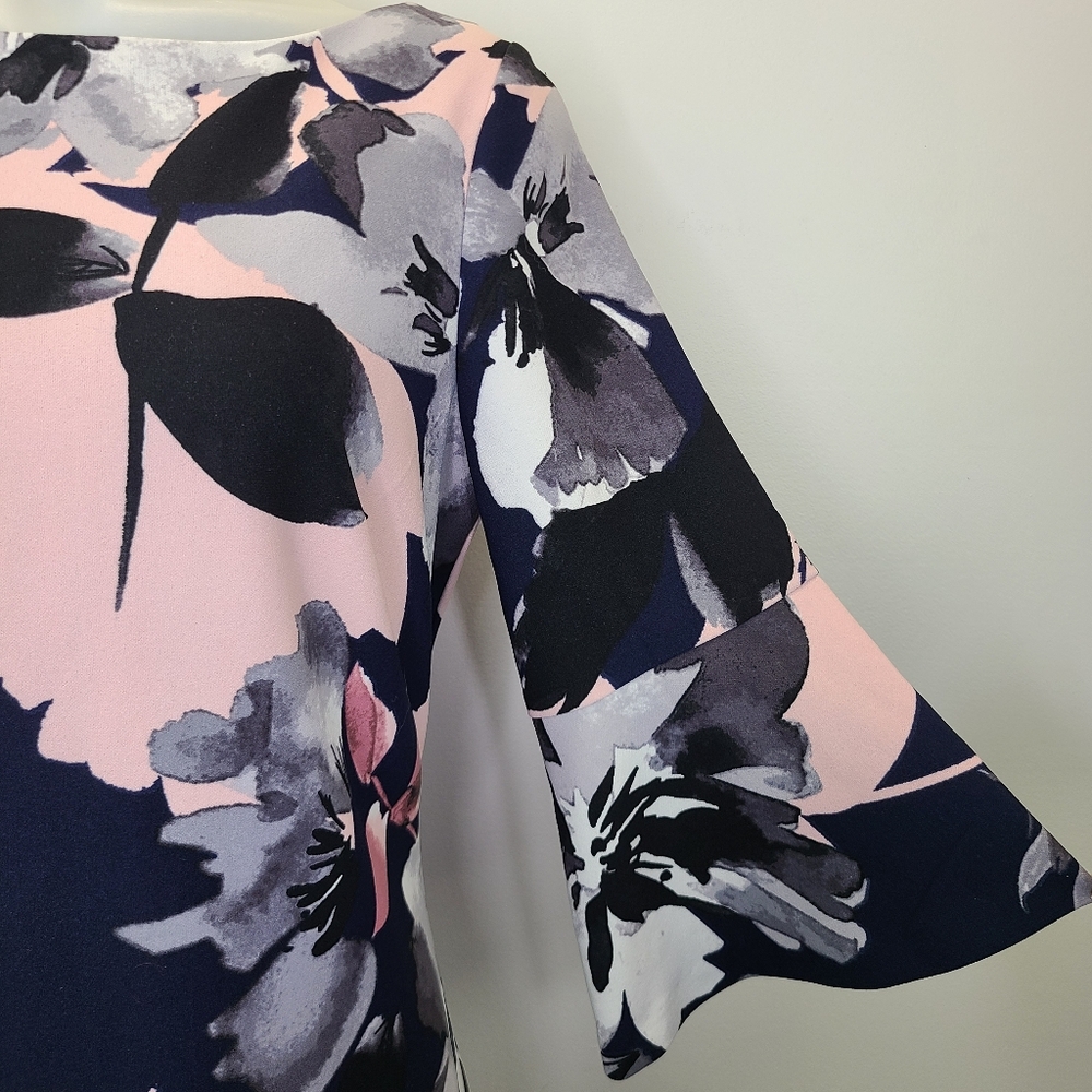Vince Camuto Navy Blue and Pink Floral Print Bell Sleeve Spring Summer Dress 10 - Picture 5 of 15